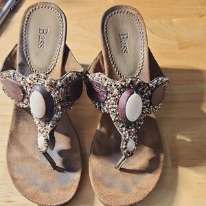Brown Beaded Women's Wedge Sandals
